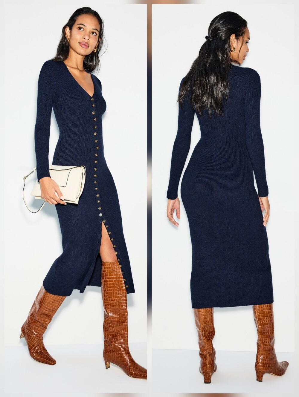 ROAM Paris Button Down Midi Casual Dress V-Neck Long Sleeve Size S